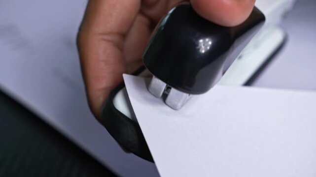Close up view of a hand stapling the corner of a blank paper sheet over existing printed documents