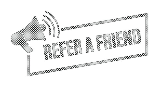 Refer a Friend vector illustration, megaphone announcement, referral program marketing, word-of-mouth promotion, business growth strategy, customer acquisition, social sharing graphic