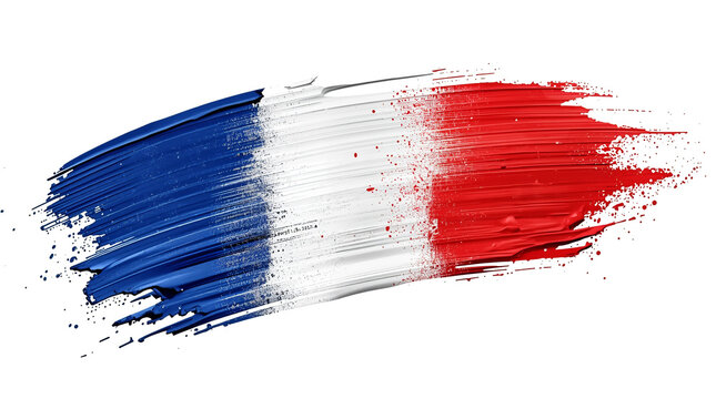 France is represented through an abstract brushstroke pattern that features splashes of color mirroring the French flag, set against a white background.