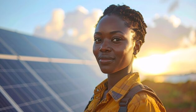 T&eacute;cnica de energ&iacute;a solar junto a paneles fotovoltaicos al atardecer con luz dorada