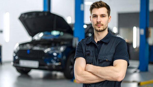 Mec&aacute;nico joven en taller automotriz con coche al fondo y actitud profesional confiada