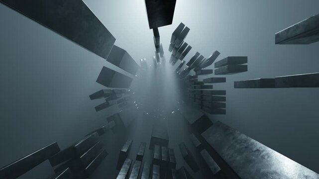 Futuristic Dark Geometric Tunnel With Flying Metallic Shapes Metal Blocks Motion Background.