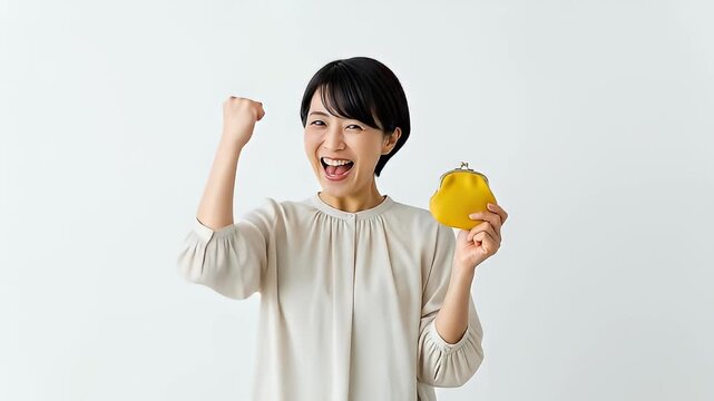 Excited Asian Woman Holding Purse and Celebrating Success on White Background.