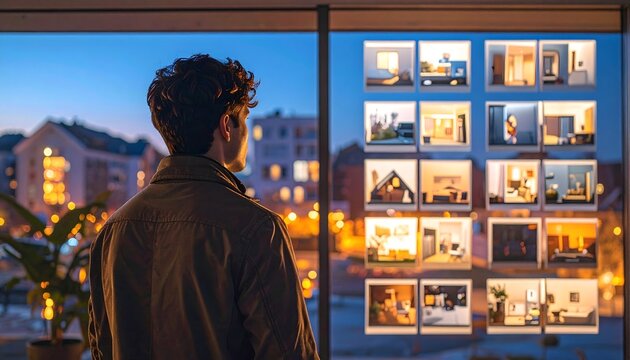 Hombre observando anuncios inmobiliarios iluminados en escaparate urbano al atardecer