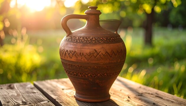 Jarra de barro artesanal sobre mesa de madera al aire libre con luz dorada y ambiente r&uacute;stico