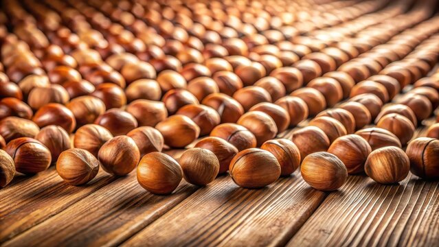 A photo of a horizontal pattern of nuts on a wooden table, with the nuts aligned in neat rows and columns The surface is clean and polished, reflecti