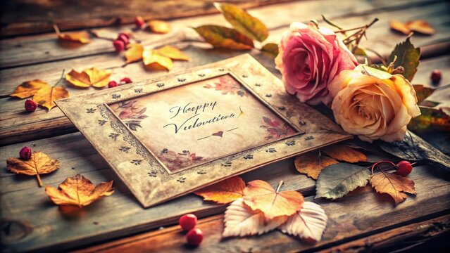 A photo of a charming vintage valentine card with a grungy frame, featuring delicate floral patterns and handwritten sentiments The card has a worn t