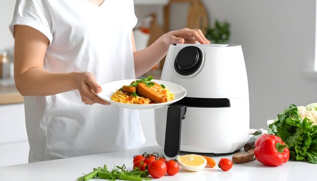 Persona sirviendo verduras cocinadas en freidora de aire en cocina moderna con ingredientes frescos