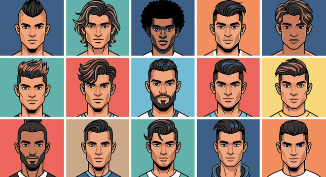 Collection of diverse male avatar portraits with trendy hairstyles