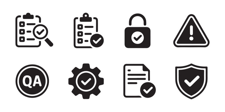 Quality control icons, clipboard with check, locked padlock, warning triangle, QA symbol, gear.