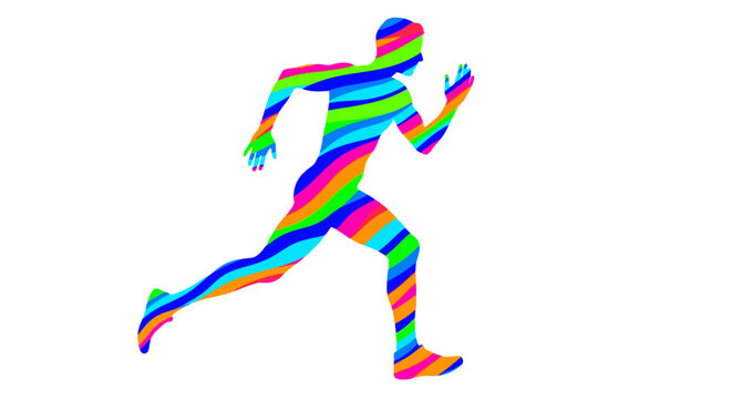 Colorful striped silhouette of a man running on white background