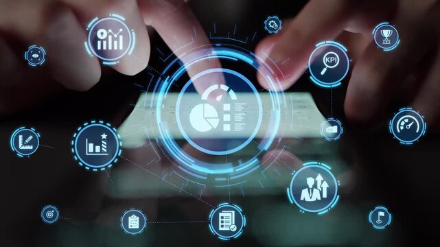 KPI icons show performance metrics, goals, and achievement measurement. KPI helps business track progress, KPI supports management, and KPI improves strategy results. Funnel