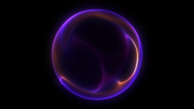 Luminous violet plasma sphere with warm orange energy streaks flowing across the surface, glowing neon orb on deep black background, abstract dynamic energy core with smooth gradients and soft loop