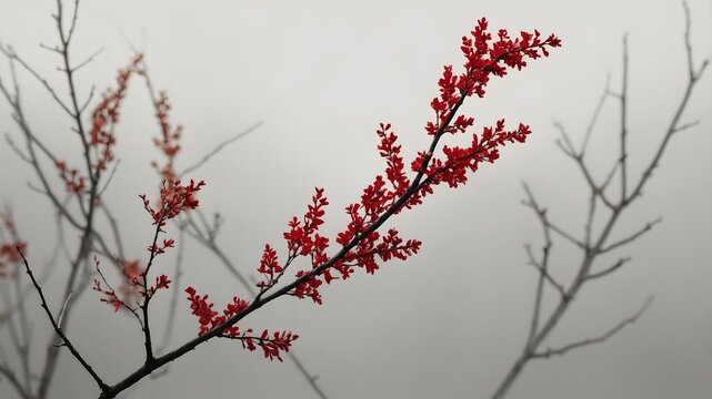 Rama con peque&ntilde;as bayas rojas sobre fondo gris desenfocado en composici&oacute;n natural minimalista