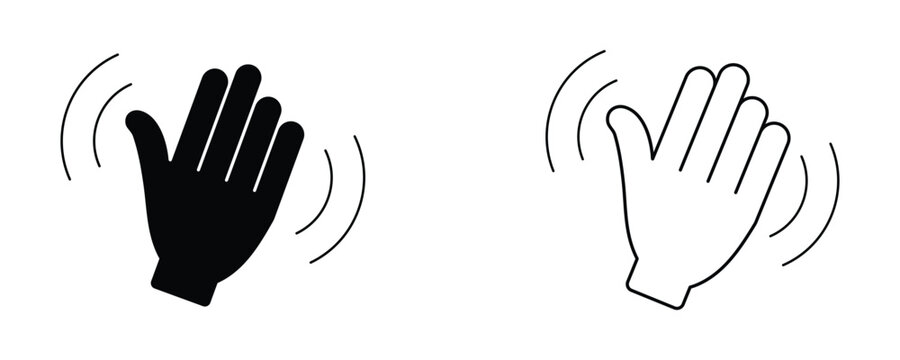 waving hand icon set. hello sign. goodbye symbol. goodbye gesture sign for web site mobile app. Icon set showing hand gesture symbols in solid and outline styles for contactless interaction.