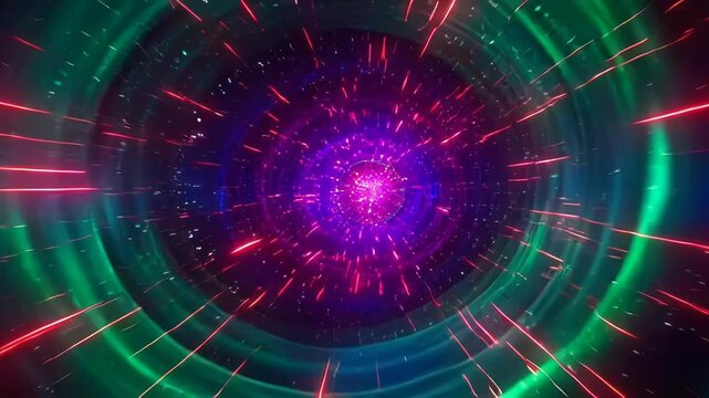 Swirling, cosmic tunnel of purple, blue, and green light with tiny, bright specks