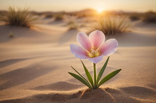 Flor rosa creciendo en la arena del desierto al atardecer con luz dorada y concepto de esperanza