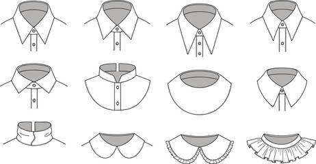 Shirt collar styles technical flat sketch set various neck designs including pointed rounded mandarin ruffle collars apparel design illustration © Akhi999