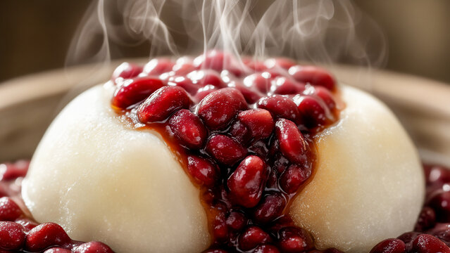 macro of warm azuki bean paste anko oozing from soft mochi