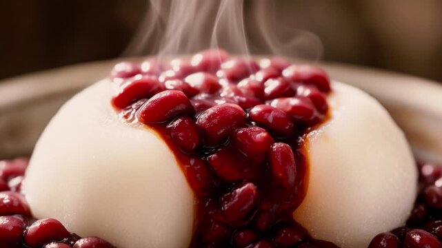 macro of warm azuki bean paste anko oozing from soft mochi