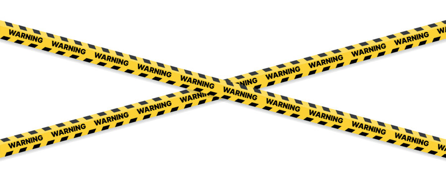 Yellow warning tape with text warning isolated on transparent background, crossed hazard barrier stripes, construction safety caution sign, danger restriction tape design with bold message