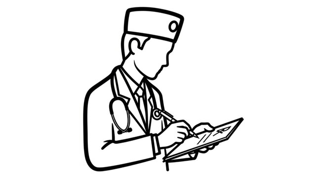Doctor wearing stethoscope and cap writing on clipboard.