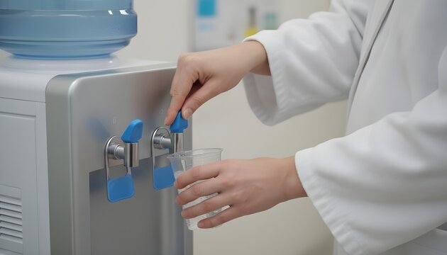 Doctor in white lab coat filling glass of water from office dispenser or cooler