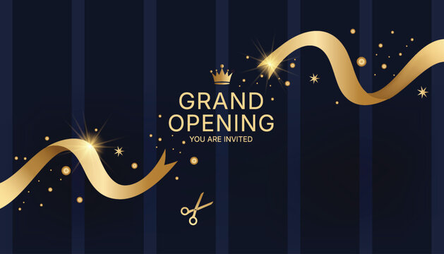 Grand opening invitation card with gold ribbon and crown on dark blue striped background