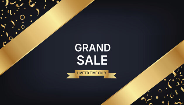 Grand sale banner with gold ribbons and confetti on dark blue background