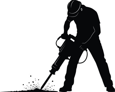 Silhouette of construction worker operating jackhammer heavy duty demolition tool road work industrial labor concept isolated vector illustration