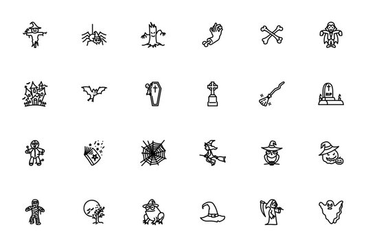 Halloween icon set. Spooky vector pack. Minimal line style. Includes Scarecrow, Spider, Bat, Pumpkin, Haunted house, Ghost, Mummy, Vampire, Witch hat and more. Editable stroke.
