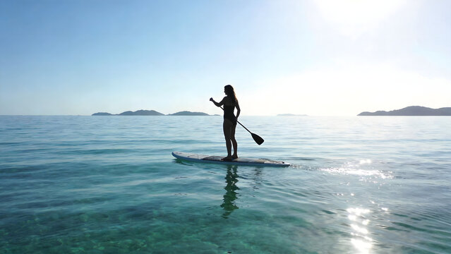 Woman paddleboarding on calm sea