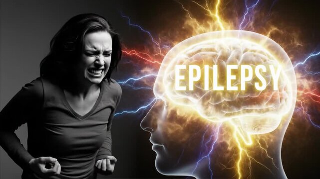 The intense neurological disorder of epilepsy illustrated by a woman experiencing a seizure with powerful electrical storm imagery around her brain