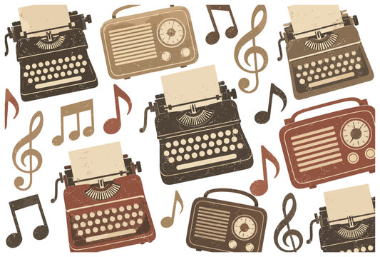 Vintage typewriters and music notes illustration.