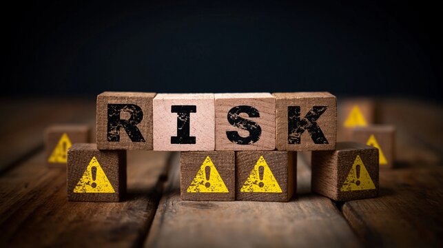 Wooden blocks with RISK text and caution signs