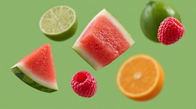 Fresh assorted fruits including watermelon, lime, orange, and raspberry floating against a green background, showcasing vibrant colors and textures of each fruit