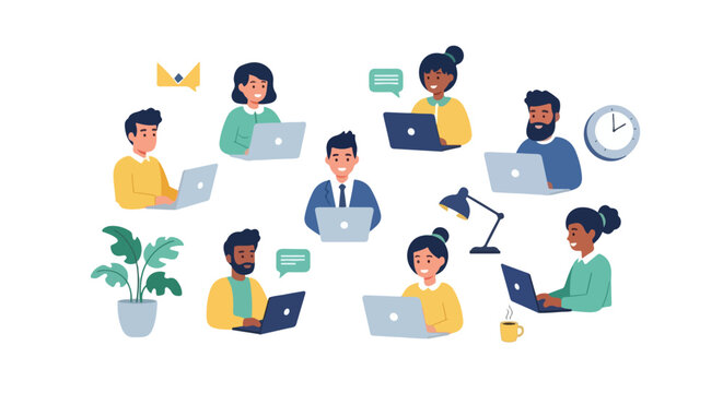 Diverse professionals working on laptops with office icons like a clock, plant, and lamp, representing a collaborative remote work environment.