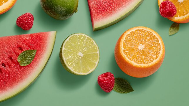 Freshly cut fruits including watermelon, orange, lime, and raspberries arranged on a green background, showcasing vibrant colors and textures of summer produce