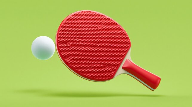 Red ping pong paddle with a white ball suspended in mid-air against a vibrant green background, showcasing the equipment used in table tennis