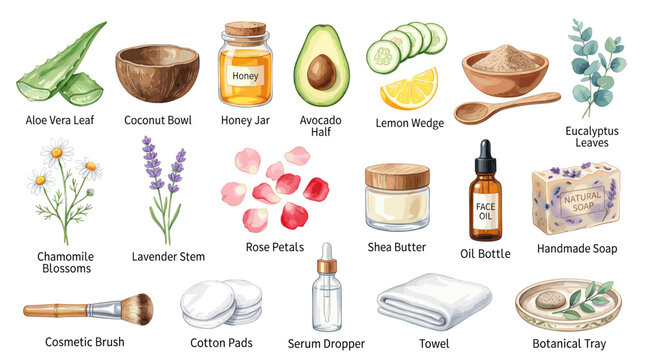 Natural skincare ingredients vector chart with aloe vera, coconut, honey, avocado, cucumber, clay, eucalyptus, chamomile, rose and beauty products