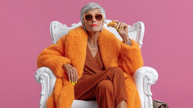 Senior woman with short gray hair wearing oversized sunglasses and an orange fur coat sits confidently in a white armchair, holding a pastry against a pink background