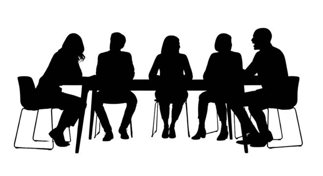 Silhouettes of people sitting in a meeting isolated on transparent background, Vector