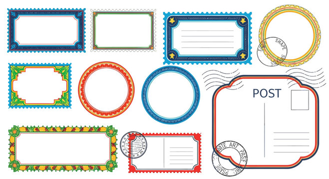 Collection of vintage frame, stamp, and postcard elements for antique design and retro mail concept. Vector illustration pack