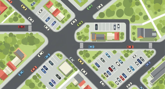 Aerial view of a busy city intersection with cars and buildings.