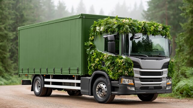 Green delivery truck covered in foliage parked on a dirt road surrounded by dense forest, showcasing an eco-friendly design and nature integration
