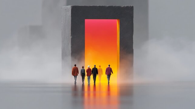 Group of six silhouetted figures walking towards a glowing rectangular portal with vibrant orange and yellow hues, surrounded by a misty atmosphere in a surreal landscape