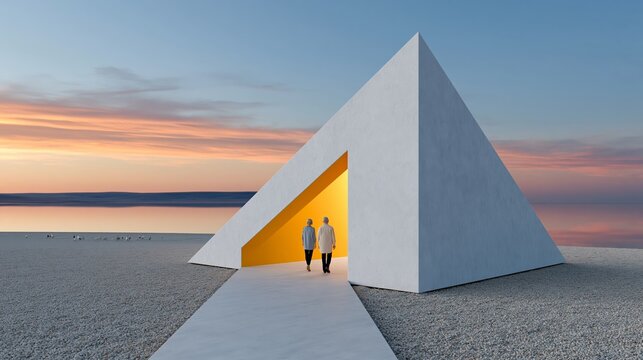 Two individuals walking towards a modern pyramid-shaped structure with a bright yellow entrance, set against a serene sunset over a calm body of water
