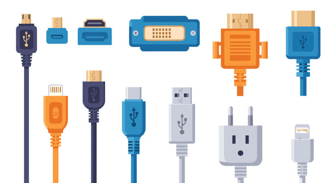 Various electronic cable and connector icon set in flat style for technology, device, data transfer application. Vector illustration for web, interface design