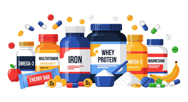 Sport nutrition supplement bottle and pill, whey protein powder, iron, magnesium, omega-3, multivitamin. Gym diet concept vector illustration