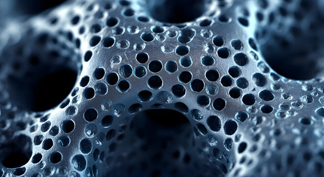 Photorealistic extreme macro highly porous titanium bone implant structure flawless micro engineering.